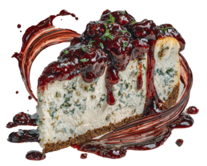 Creamy cheesecake slice with berry sauce on a rustic background