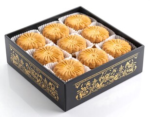 Box of round cookies with floral design