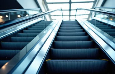 Escalator moving upward in modern building with glass and metal design