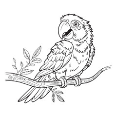 Parrot perched on a branch black and white line drawing