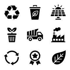 Collection of Black EcoFriendly Icons Representing Recycling Sustainability and Environmental Awareness in a Modern Minimalist Design