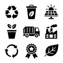Set of environmental icons representing recycling renewable energy waste management and sustainable practices promoting ecological awareness and environmental responsibility 