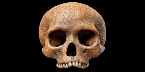 Obraz premium Frontal view of a weathered human skull, off-white, with eye sockets, nasal cavity, and teeth
