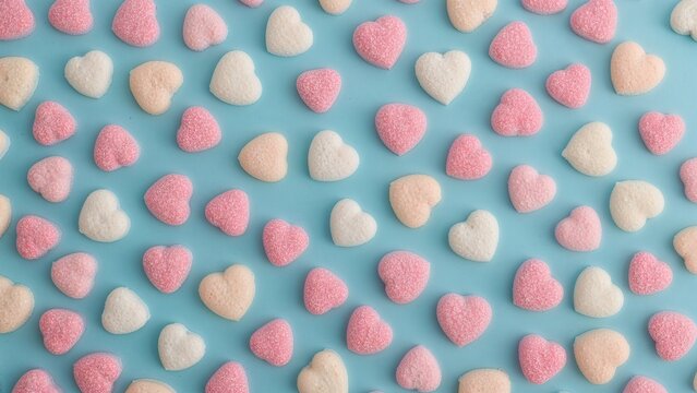 Sweet heart candies laid out on a pale blue background. Card greeting idea. Flat lay from above.