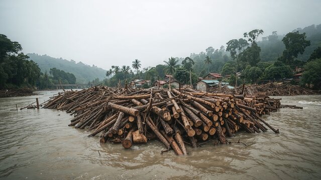 Results of Heavy Landslides and Flooding Leading to River Obstruction by Wood Debris