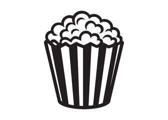 Striped Popcorn Bucket Icon: Simple, Bold, Black and White Graphic Illustration.