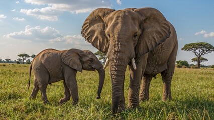 Fototapeta premium Adorable baby elephant walking alongside its mother in the wild