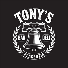 White version of the Tony’s logo with liberty bell and laurel wreath—clean branding design. vector illustration. © DesignIMT