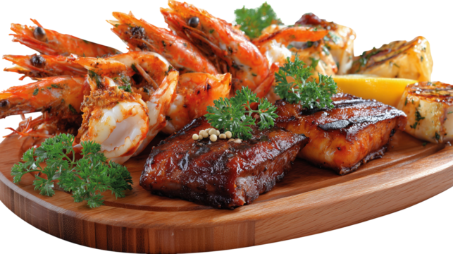 Set of grilled seafood dish isolated on white background, BBQ dish transparent cutout