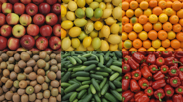 Assorted fresh fruits and vegetables background apples lemons oranges kiwis cucumbers and red bell peppers