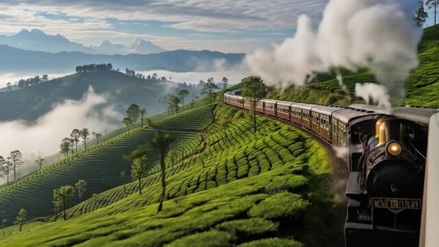 Scenic Train Journey Through Tea Plantations and Misty Mountains in the Highlands