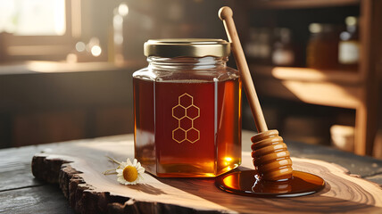 Organic honey in jar with dipper and chamomile flower for healthy food and sweet dessert concept  characters