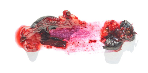 Abstract red and black mixed media art with organic shapes on white background.