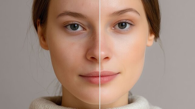 Split-face portrait demonstrating makeup application comparison, a woman before and after