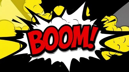 Comic book style "BOOM!" explosion graphic with dynamic yellow and black background. - Powered by Adobe