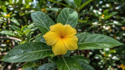 Obraz premium Evergreen Ornamental Plant Featuring Bright Yellow Allamanda Flowers from the Tropics
