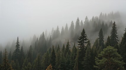 Fototapeta premium Thick fog rolling over vibrant forested mountain terrain