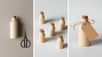 Ceramic bottle mockup with cork stopper and tag, essential oil bottle, apothecary bottle, potion bottle