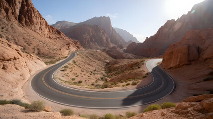 Explore scenic road trip in desert mountains landscape with winding road and beautiful rock formations