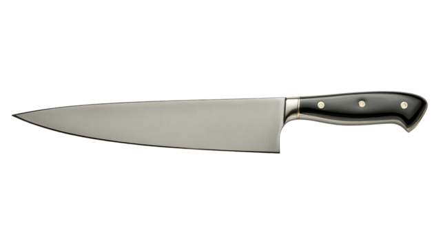 Chef's knife with a sleek design, perfect for culinary tasks, isolated on a white background.