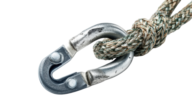 Close-up of a metal snap hook connected to a braided rope on a white isolated background.
