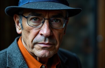A man wearing glasses and a hat looks directly at the camera with a serious expression