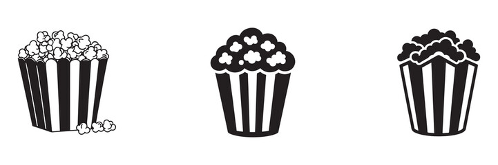 Set of three popcorn bucket icons in different artistic styles and design patterns. snack-themed design concepts.