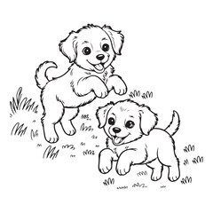 Two happy puppies playing in the grass line art drawing