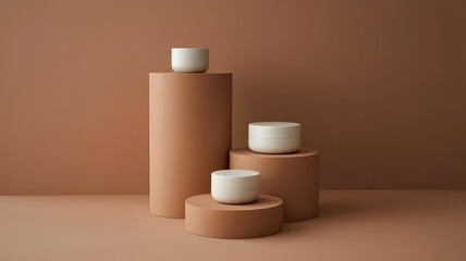 Beige aesthetic skincare product display mock up on cylinder stands for cosmetic branding and presentation