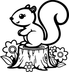 
SVG vector of a squirrel surrounded by flowers.Cute Cartoon Squirrel on Tree Stump Surrounded by Flowers