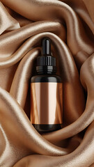 Luxury skincare serum bottle mockup on golden silk background for beauty product presentation and branding