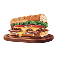 Double-decker sub sandwich with cheese, beef, lettuce on a wood board. Vector illustration design.