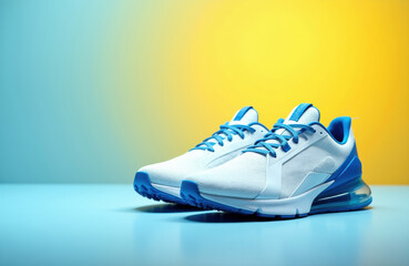 Colorful athletic shoes with air cushion sole on vibrant gradient background