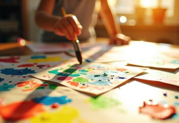 Fototapeta premium Child's hand paints colorful artwork on paper in a warm, sunlit room