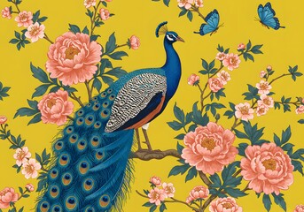 Naklejka premium Peacock floral pattern background design with butterfly and flower elements