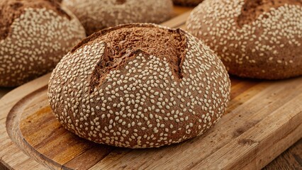 Delicious whole grain rye loaf with seeds, freshly prepared and placed on a wooden board.