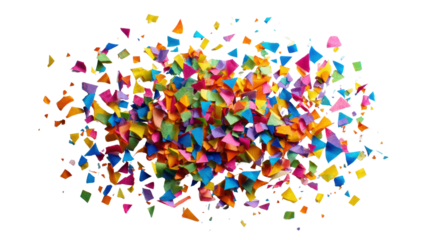 Colorful paper confetti in vibrant shades scattered on a white background.