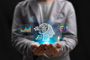 AI, artificial intelligence generate or analytics software concept, Businessman use AI analytics dashboard with business charts, Search best data and summarize, Investment economics, Time reduction