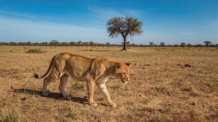 In a serene desert setting, a lioness moves along her path.