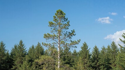 A lone birch tree nestled among pine tree limbs in woodland