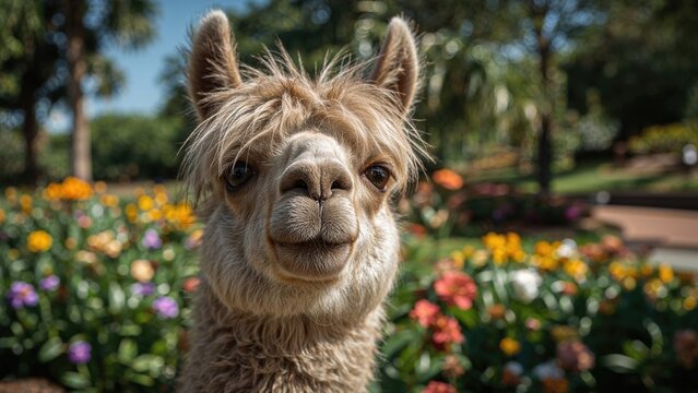 Observant Llama Roaming Through a Tranquil Park - Powered by Adobe