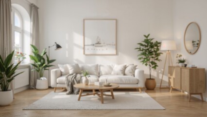 Peaceful and modern living room ambiance with soft colors, natural brightness, and vibrant greenery.