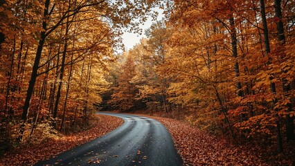 Obraz premium Colorful autumn leaves lining a woodland road