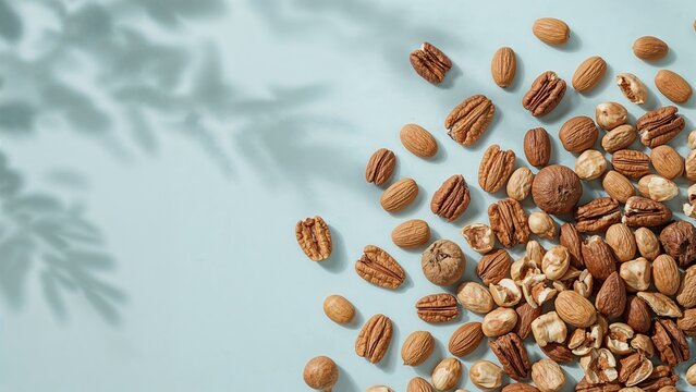An assortment of nuts set on a pastel blue backdrop