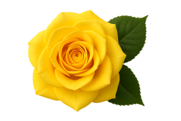 Fresh yellow rose with green leaves isolated on transparent background