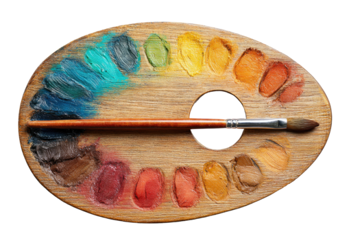 Oval wooden artist's palette with vibrant paint wells and a paintbrush