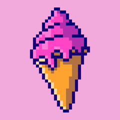Fototapeta premium Charming strawberry ice cream cone icon designed in a retro pixel art style. This classic 8-bit illustration features a scoop of strawberry-flavored ice cream in a crispy wafer cone