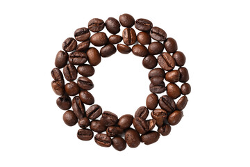 A circle of coffee beans arranged on a transparent background isolated on transparent background
