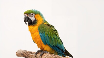 Fototapeta premium Exotic Avian Companion Standing on Wooden Perch Against Clean White