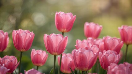 Obraz premium Charming pink tulip blooms surrounded by greenery with a dreamy background